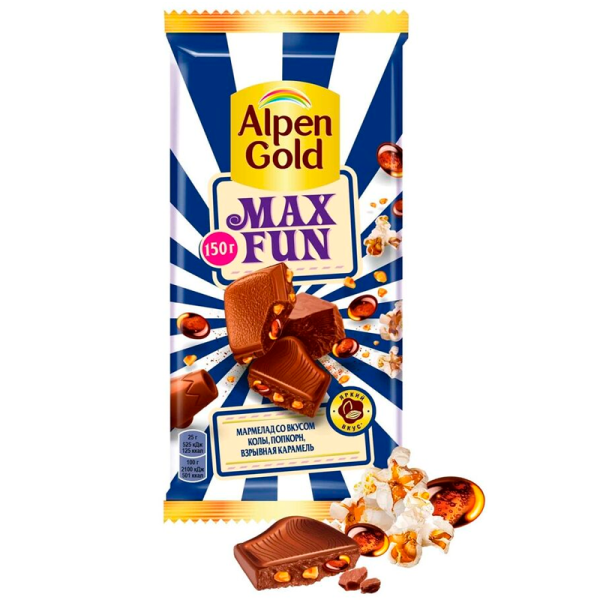 Shokolad Alpen Gold Max Fun marmelad popkorn i vzryvnaya karamel 150g