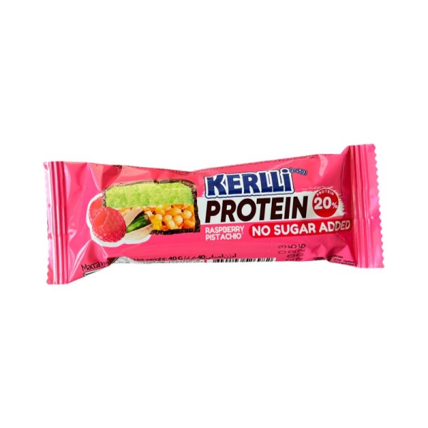 Zlakovyy batonchik Kerlli s proteinom s malinoy i fistashkoy bez dobavleniya sakhara 40g