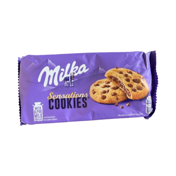 Pechene Milka Shokoladnaya Sensatsiya s nachinkoy i kusochkami molochnogo shokolada 156g