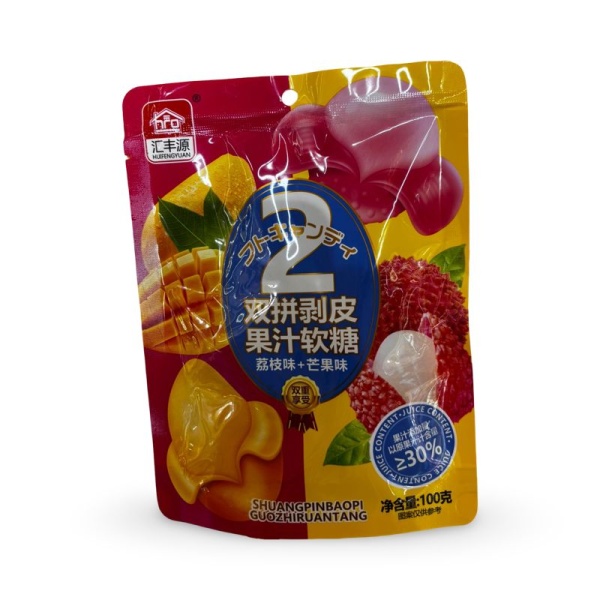 Marmeladnye konfety Huifengyuan s zhidkoy nachinkoy so vkusom lichi i mango 100g