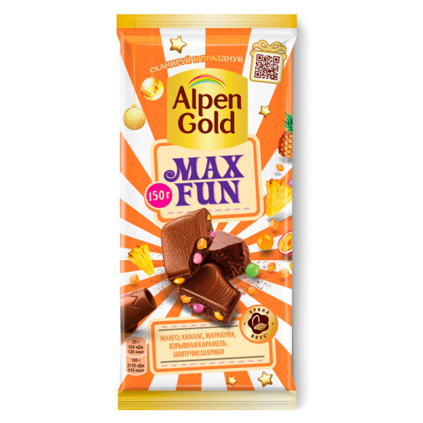 Shokolad Alpen Gold Max Fun tropicheskiy miks i vzryvnaya karamel 150g